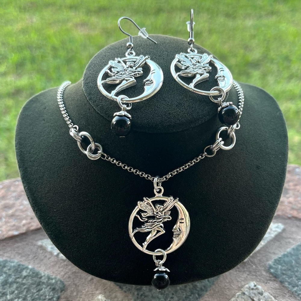 Set ! Fairy & moon dangly onyx gemstones beads necklace + matching earrings boho - Picture 8 of 12